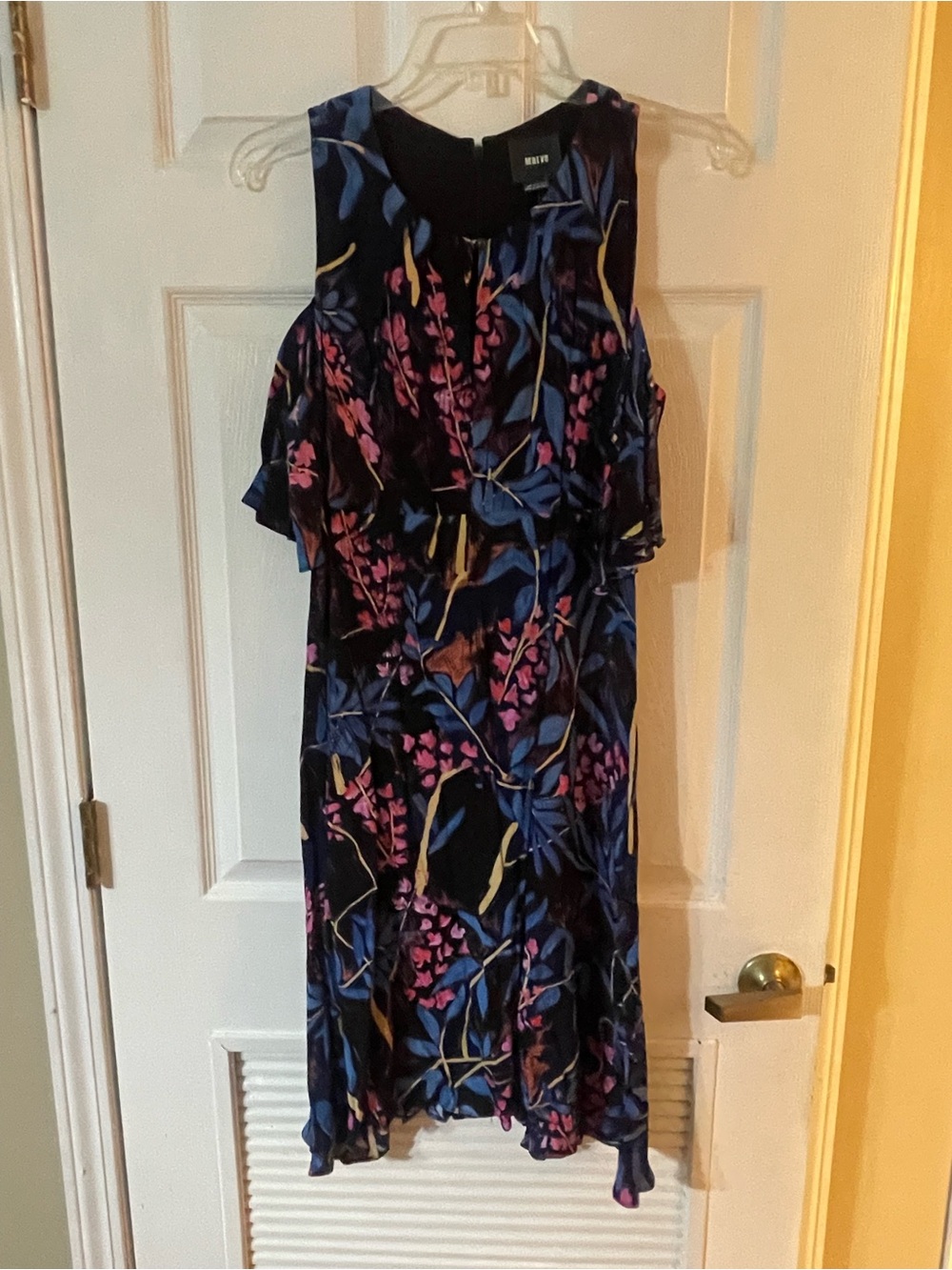Maeve Navy Midi Dress with Pink & Blue Floral Print and Gold Accents